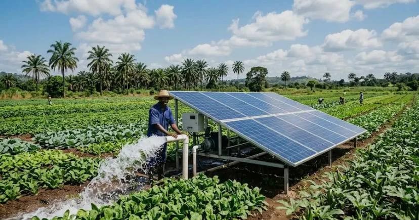Agriculteur près d'une pompe d'irrigation alimentée par des panneaux solaires, au milieu des cultures.